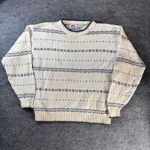 Vintage Isle Of Cotton Sweater Mens Medium White Stripe Waffle Knit Crewneck USA